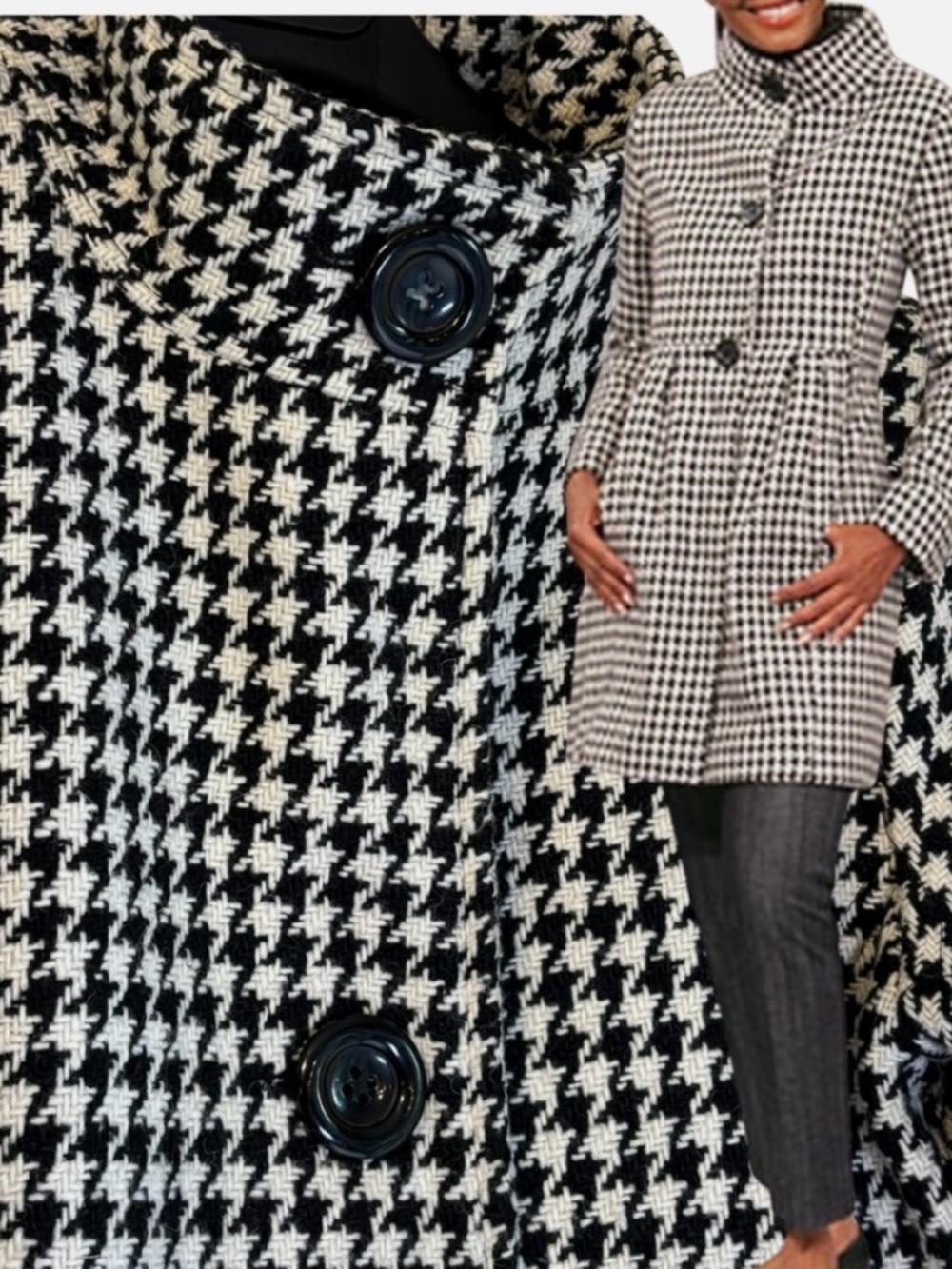 •Houndstooth Pea Coat Wool Blend Lg Pleated Peplum Retro Mod Vibe Dark Academia